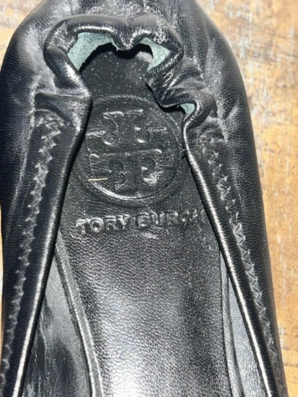 Tory Burch Sz 4M Womens Reva Ballet Flats Black Leather Silver Tone Logo